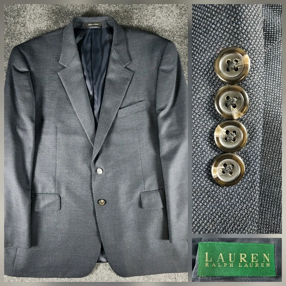 Lauren Ralph Lauren Mens‎ Textured Blue  Wool Blazer Sport Coat 48R EUC